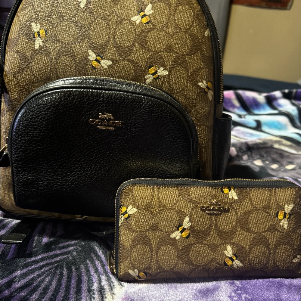 Coach Brown Signature Bee Backpack and Wallet with Black Trim